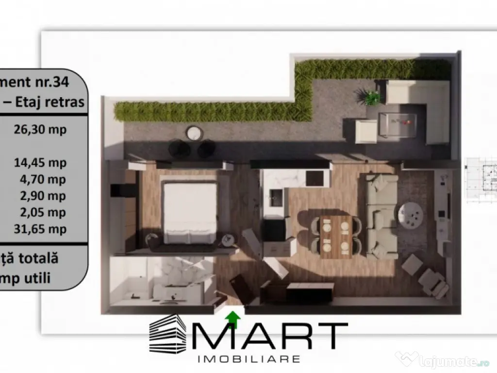 Penthouse 2 camere, 50mp utili + 33mp terasa, zona Tractorul