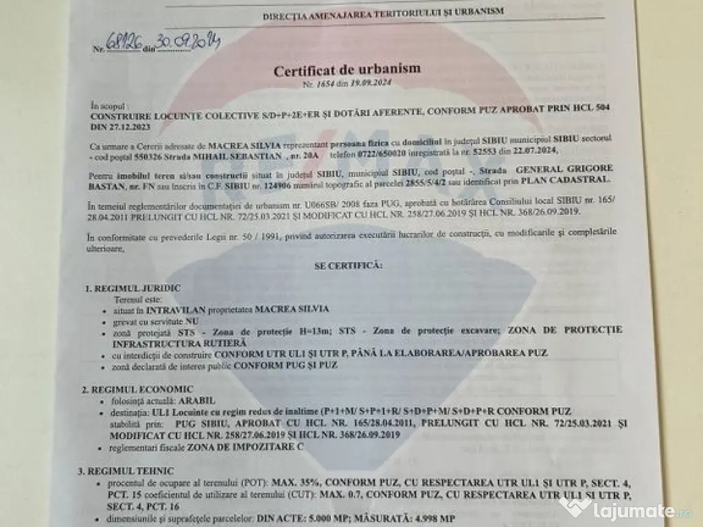 Teren pentru bloc intravilan Sibiu zona Veterani 