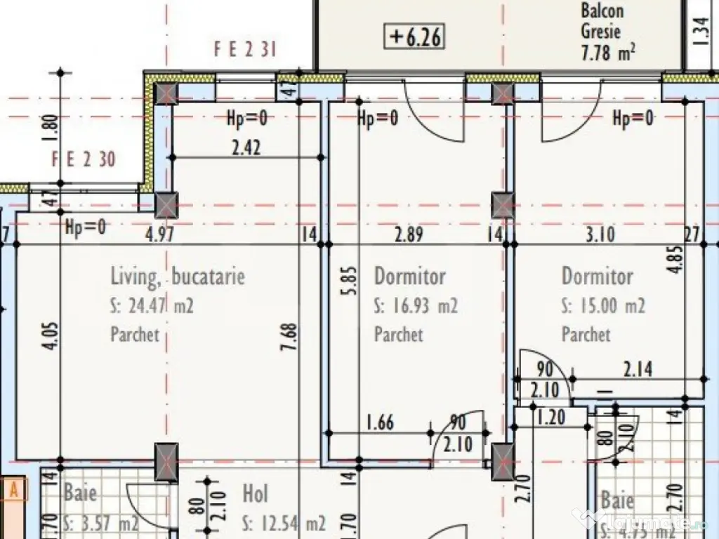 Apartament 3 camere, 2 bai, 77,26 mp, semifinisat, TVA inclu 