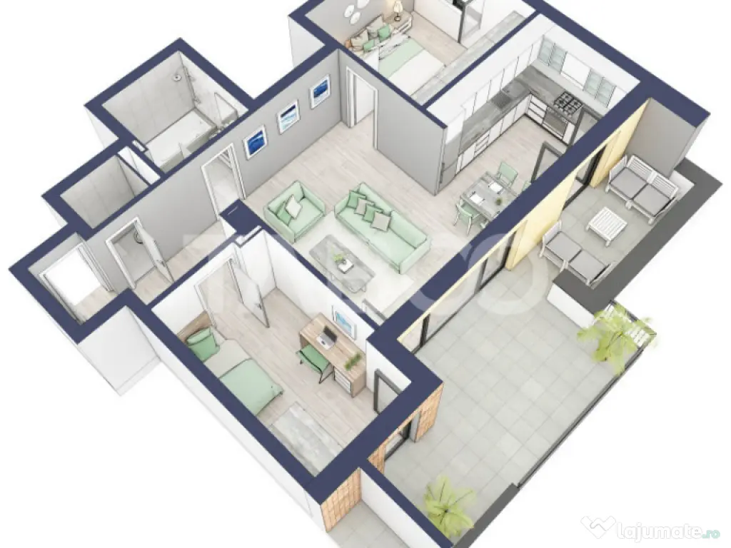 Apartament 66 mp utili 3 camere 2 bai etaj 3 in bloc cu lift 