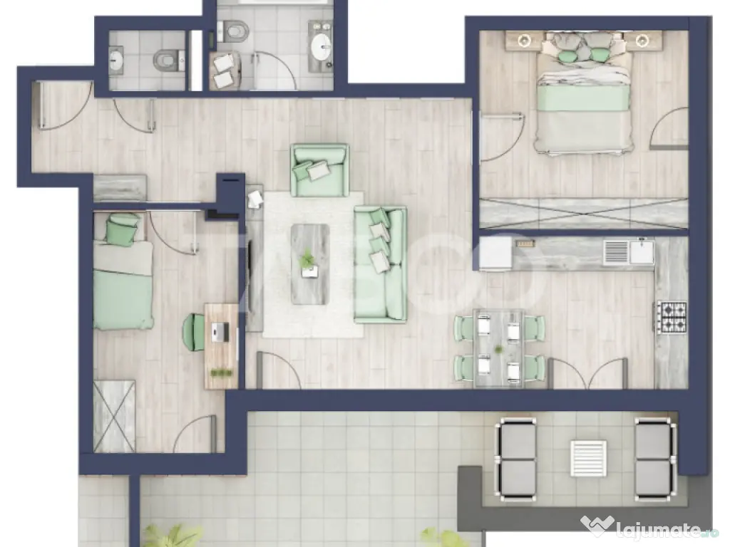 Apartament 66 mp utili 3 camere 2 bai etaj 3 in bloc cu lift 