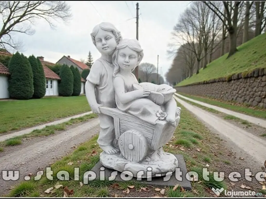 Statuetă copii cu roabă, gri antichizat, model S98. 