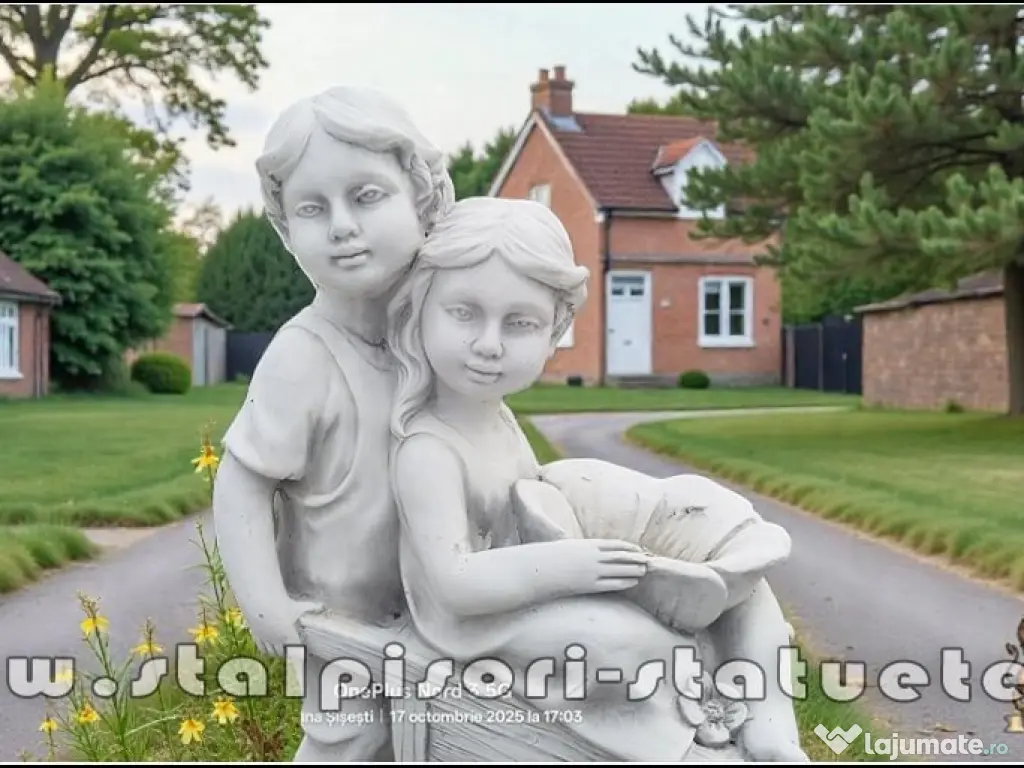 Statuetă copii cu roabă, gri antichizat, model S98. 