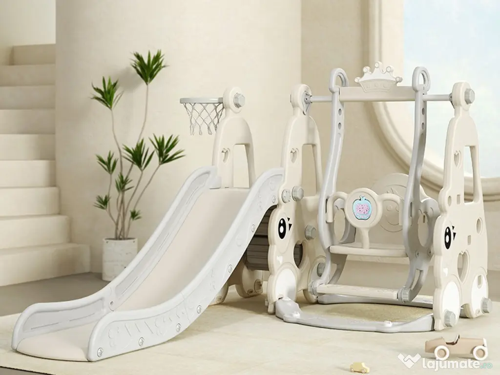 Ansamblu de joaca cu leagan, tobogan, piscina cu bile, cos baschet Gri 