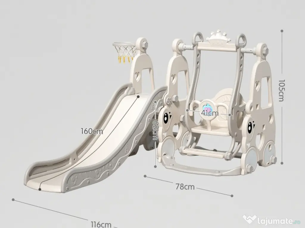 Ansamblu de joaca cu leagan, tobogan, piscina cu bile, cos baschet Gri 