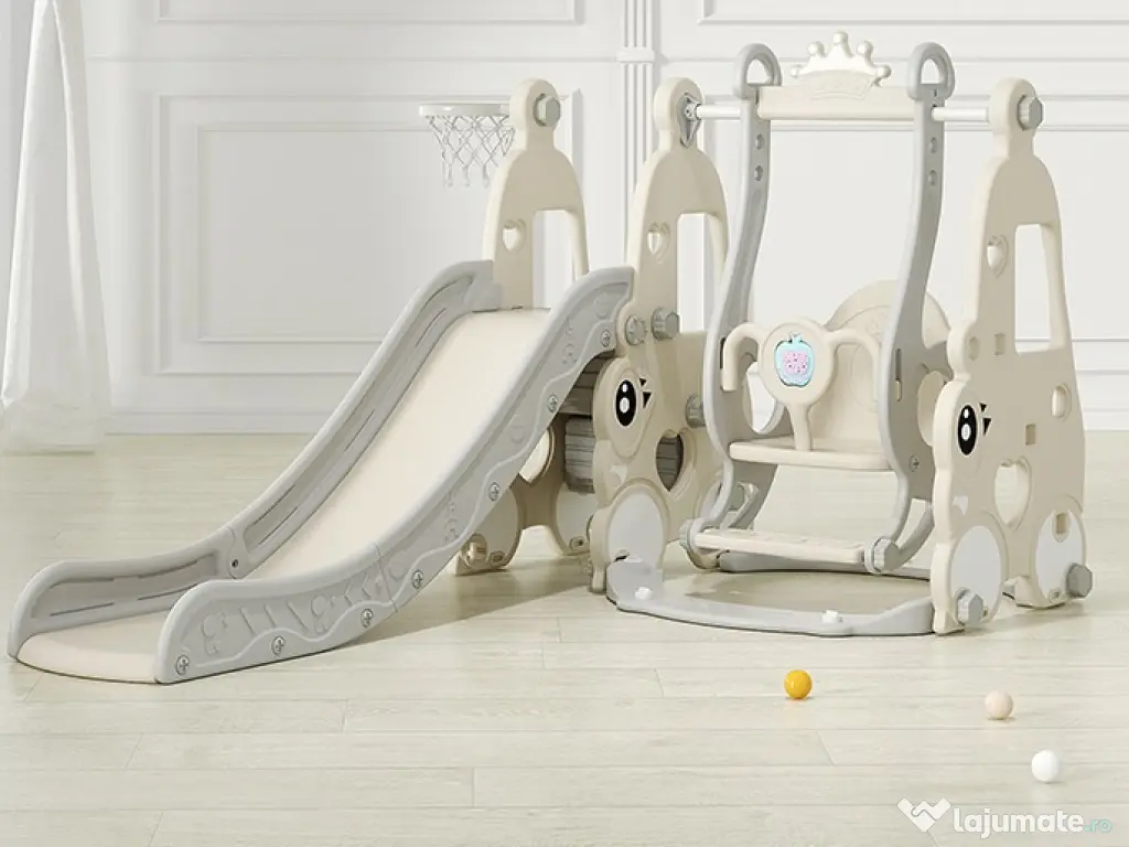 Ansamblu de joaca cu leagan, tobogan, piscina cu bile, cos baschet Gri 