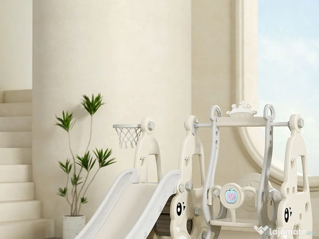 Ansamblu de joaca cu leagan, tobogan, piscina cu bile, cos baschet Gri 