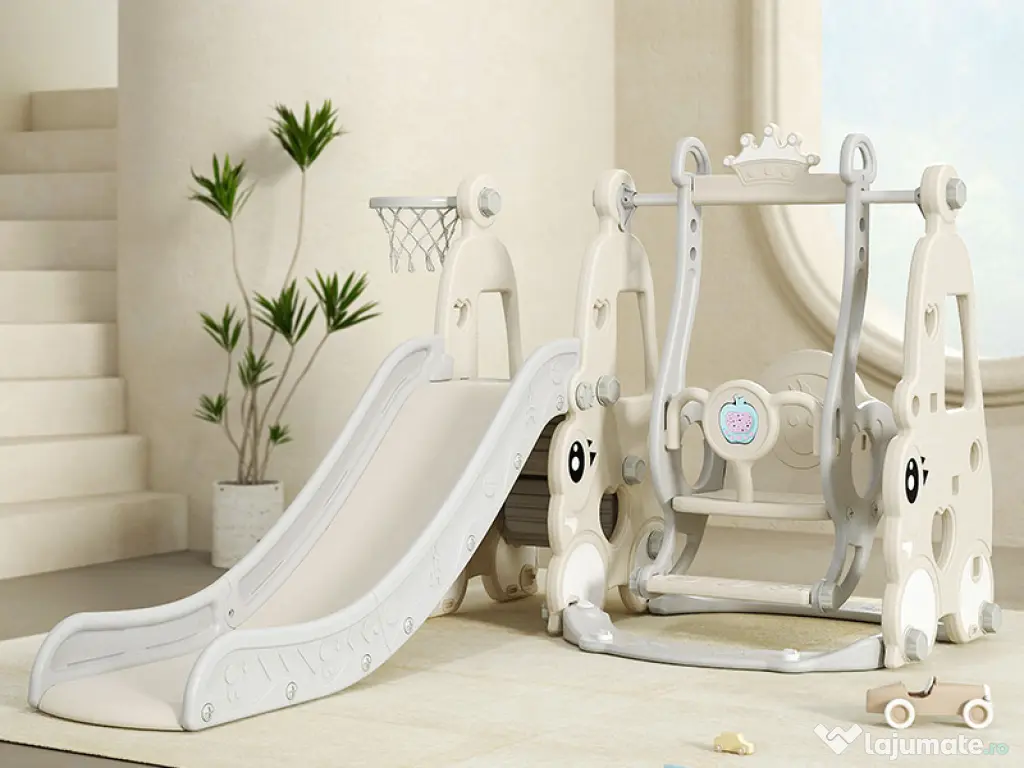 Ansamblu de joaca cu leagan, tobogan, piscina cu bile, cos baschet Gri 