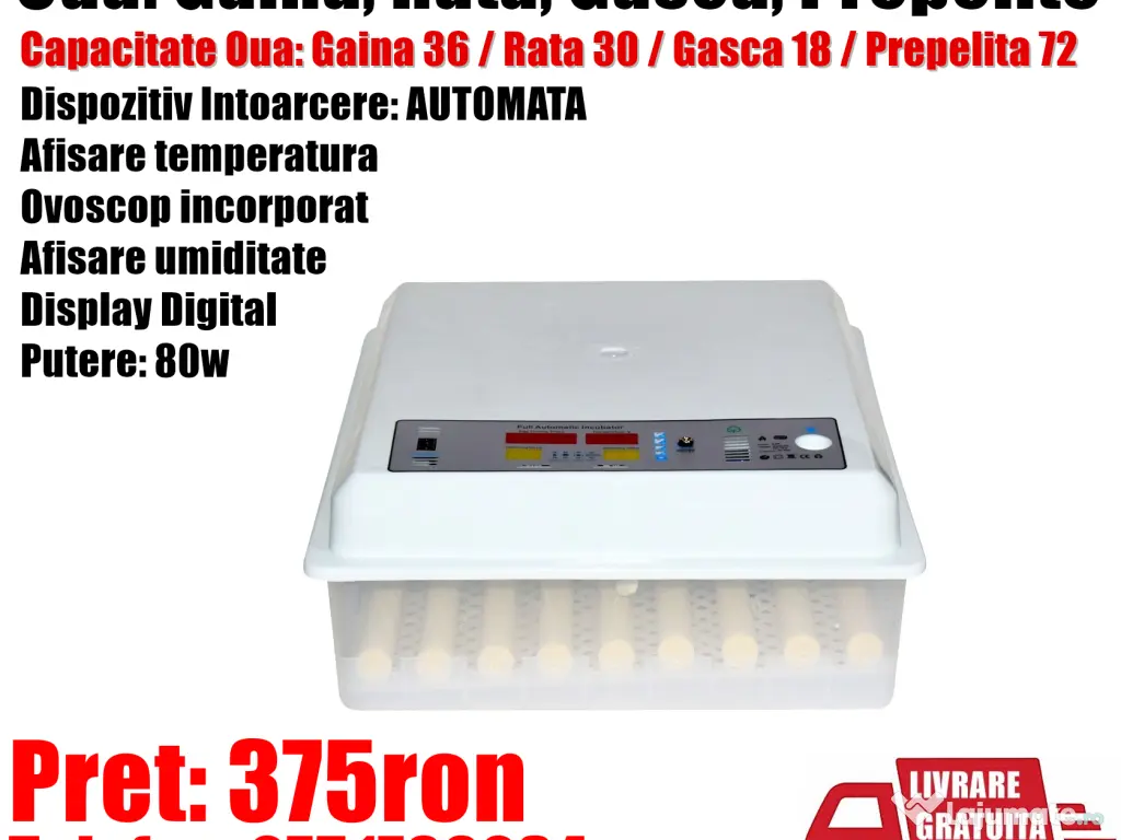 Incubator Clocitoare 36 Oua Gaina Rata Gasca Prepelite Pui  Automat Ovoscop 