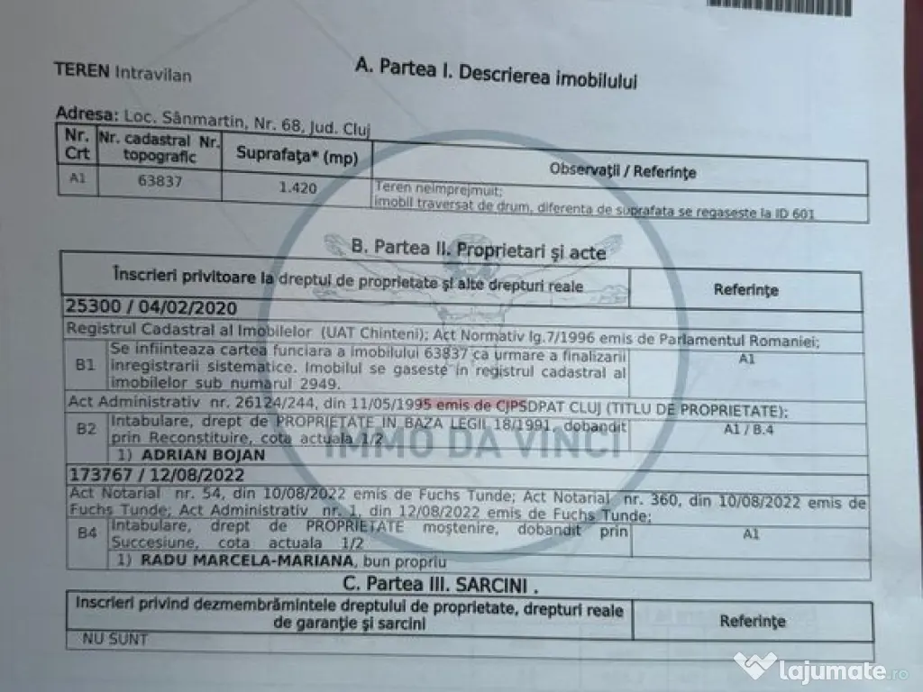 Vanzare teren itravilan Sanmartin,com. Chinteni CJ 