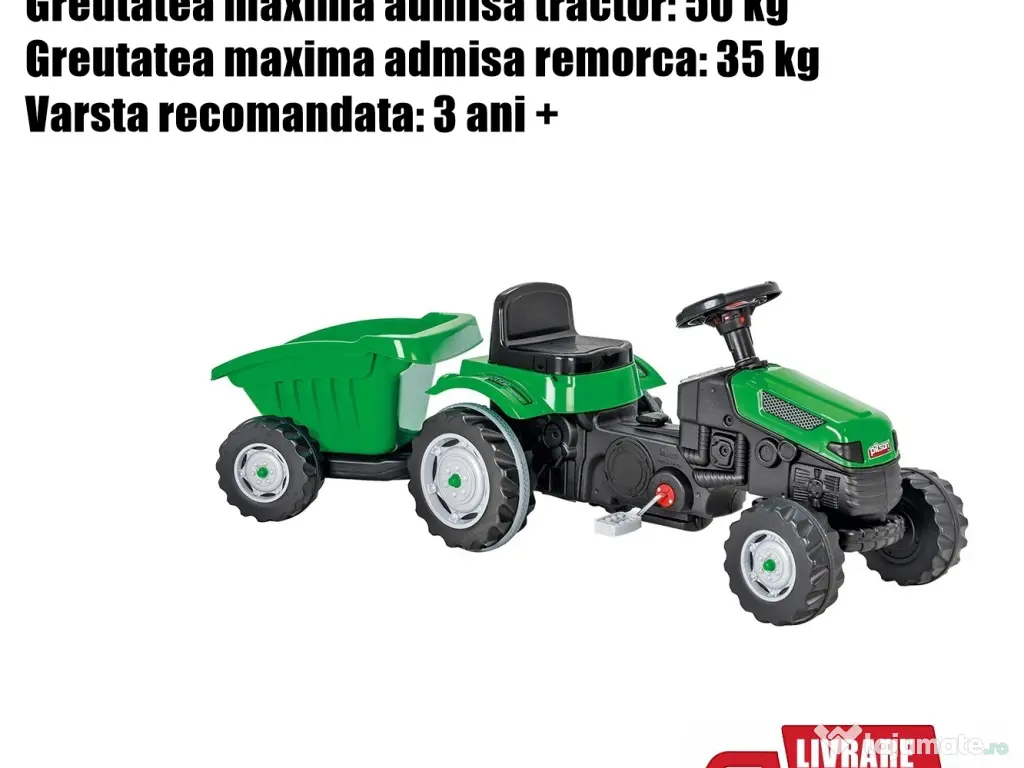 Tractor Copii Baiat Baieti cu Pedale si Remorca Verde + LIVRARE GRATUITA