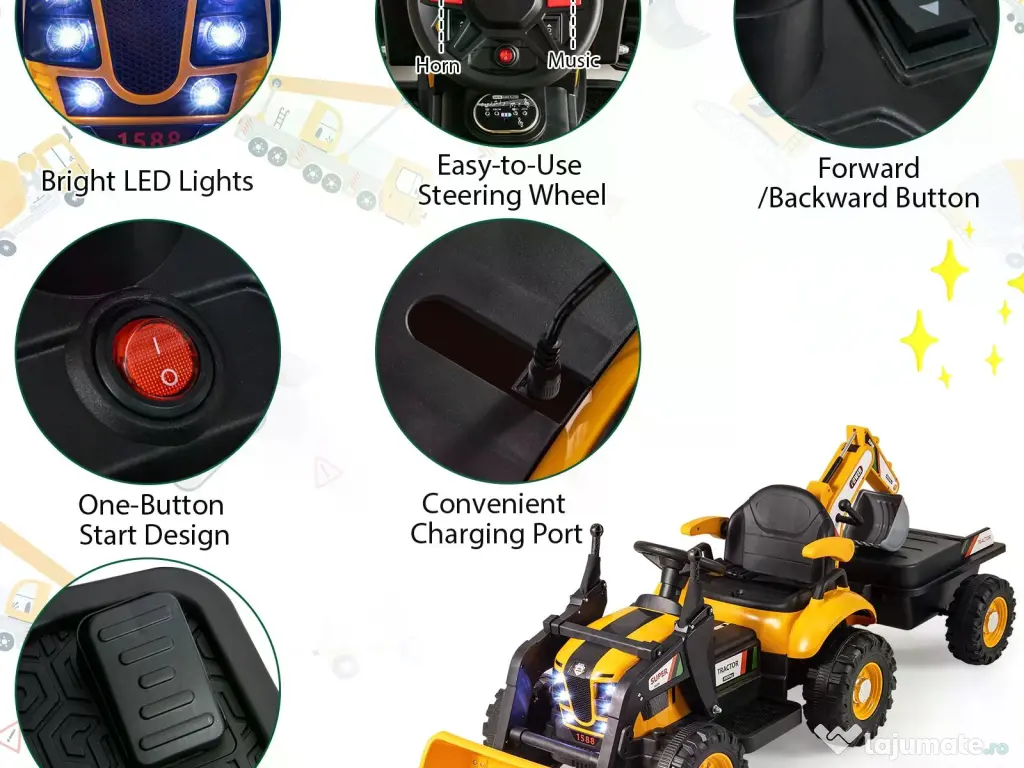 Tractoras electric pentru copii Kinderauto BJEJ1588E 2x35W, 12V Yellow 