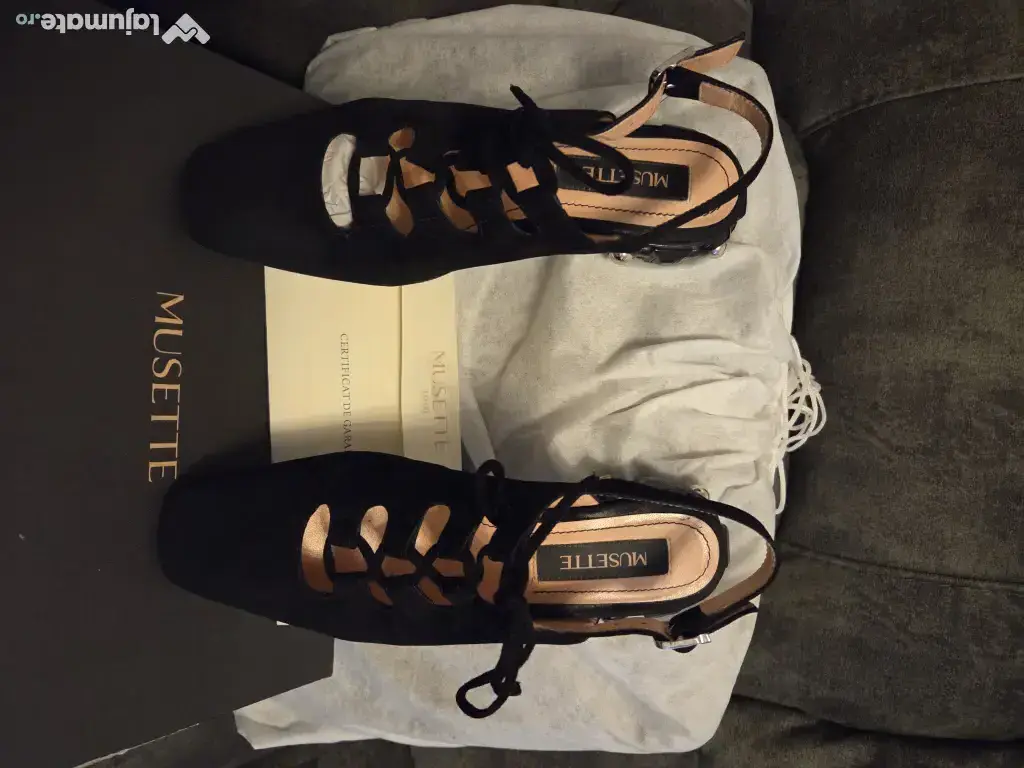 Sandale MUSETTE negre 37 Piele Natural Toc Mic Cutie + Dustbag incluse 