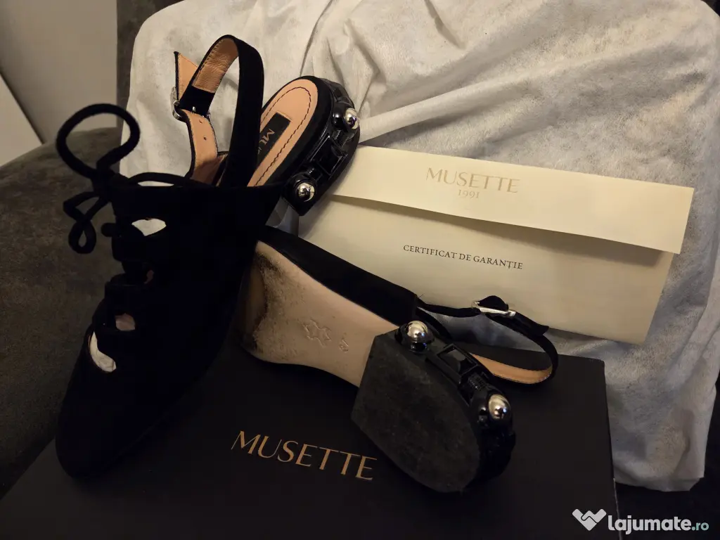 Sandale MUSETTE negre 37 Piele Natural Toc Mic Cutie + Dustbag incluse 