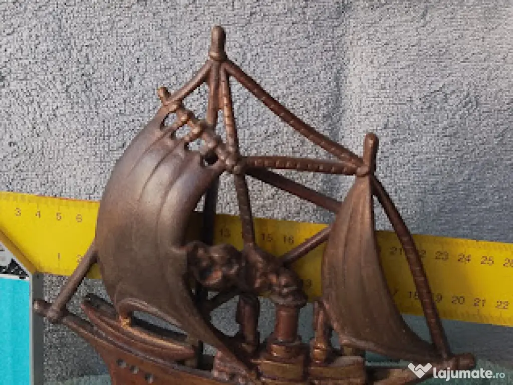 Machetă Vapor Epocă Alamă Masivă 1.74kg Soclu Marmură Navă Vele/Aburi 