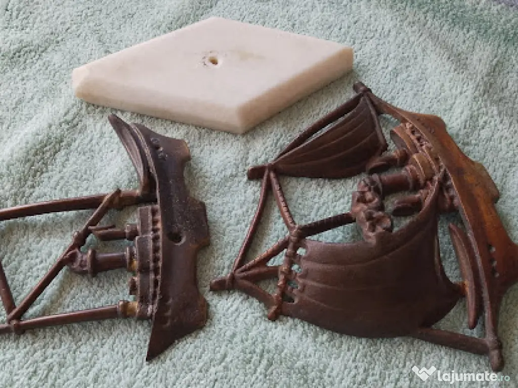 Machetă Vapor Epocă Alamă Masivă 1.74kg Soclu Marmură Navă Vele/Aburi 