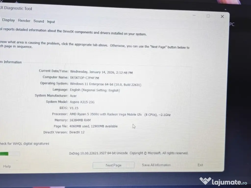 Acer Aspire A315-23G, 16GB Ram, M 256 GB 