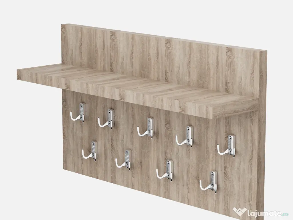 Cuier de perete cu 9 agatatori si polita, 70x40cm 