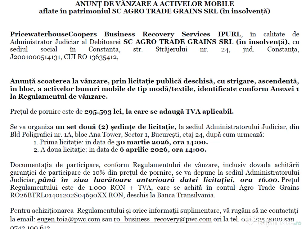 Anunţ de vânzare a activelor mobile moda în patrimoniul sc agro trade grains srl 
