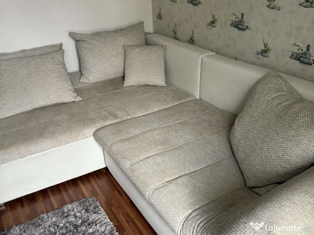 Canapea colțar extensibilă crem + bej, stare foarte bună, modernă 