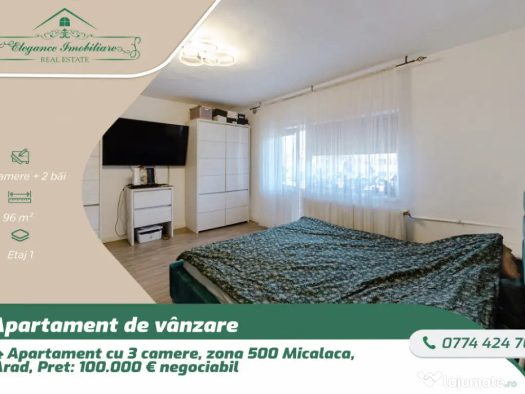 Apartament cu 3 camere, 2 bai și 2 balcoane zona 500 Mical 