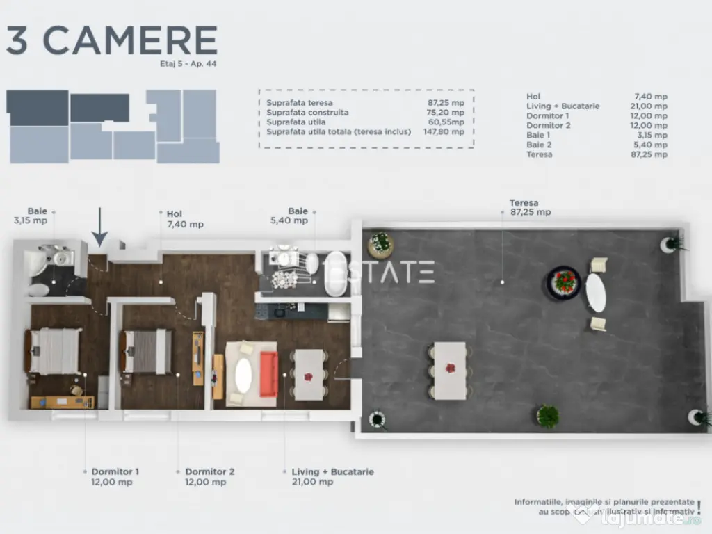 FINALIZAT | 3 camere cu terasa de 87mp - Titan/Pallady 