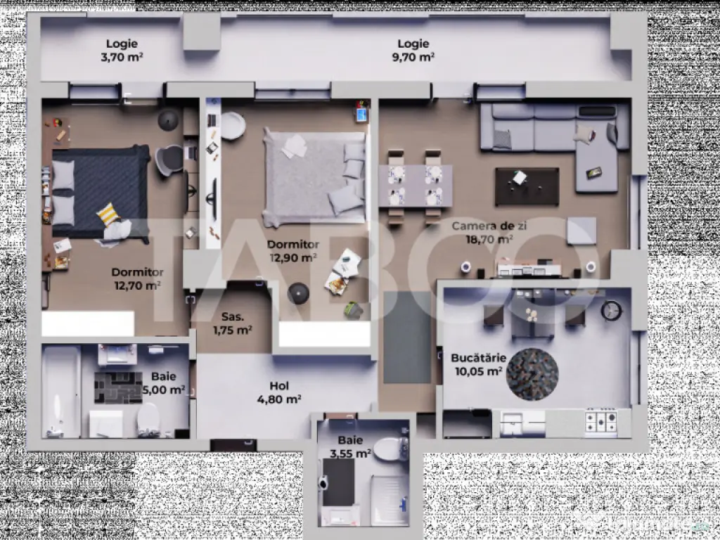 Apartament decomandat 3 camere 2 bai - bucatarie separata -