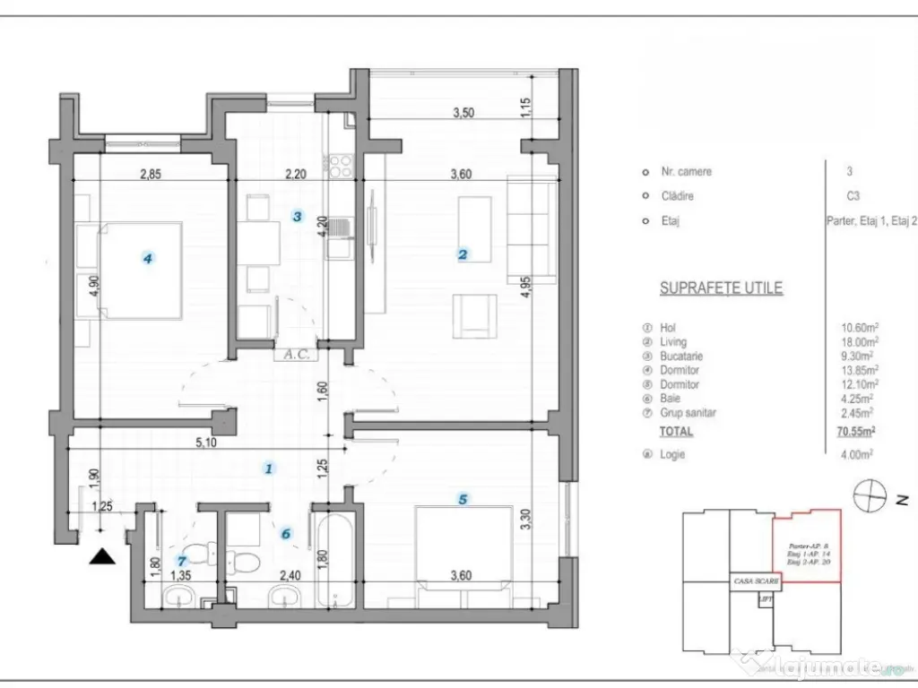 COMISION 0% ! 3 CAMERE 2 BAI 75 MP BLOC NOU POPAS PACURARI