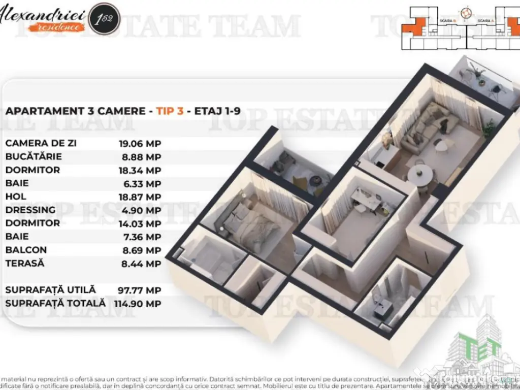 Apartament 3 Camere cu dressing, terasa si balcon, Zona Raho