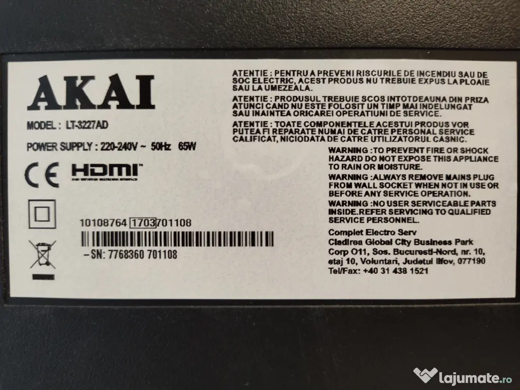 Televizor LED 32'' Akai, LT-3227AD, negru, în stare bună (aspect și funcționare)