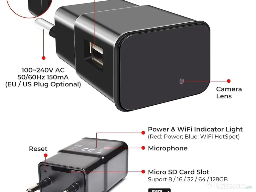 Incarcator Camera Ascunsa Spion Spy WiFi 1080p HD Live copii jucarii 