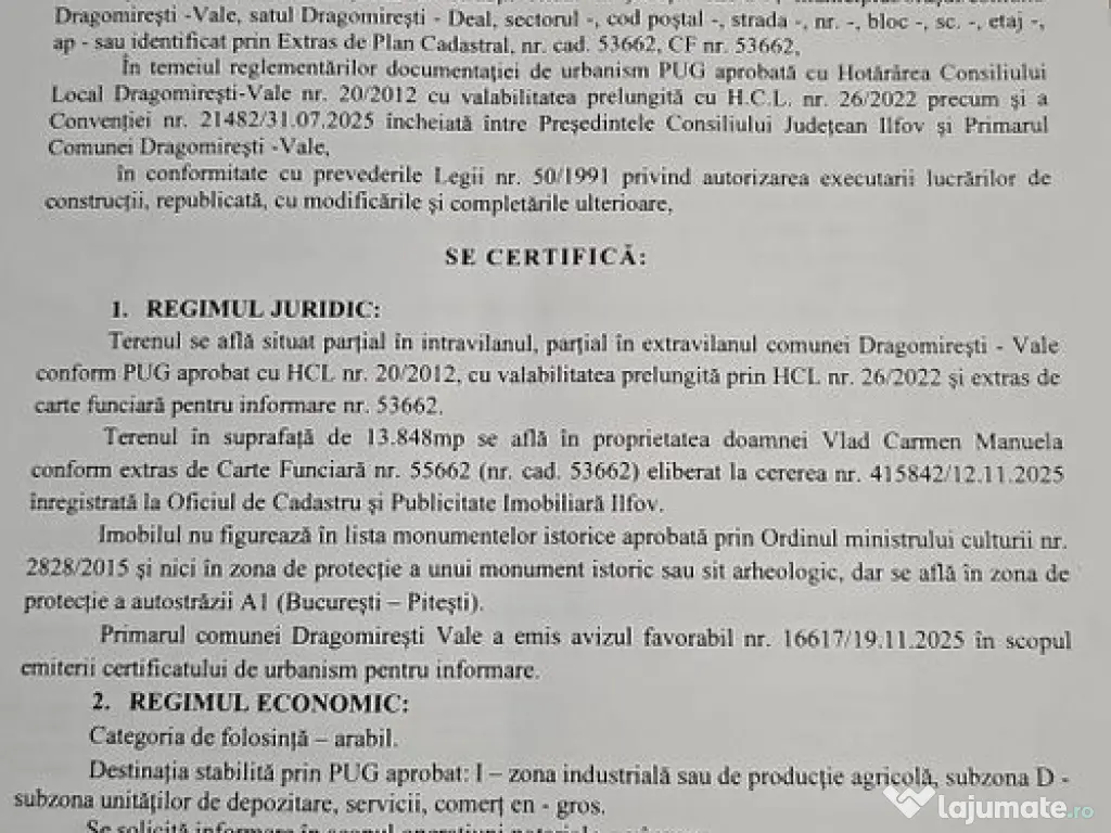 Teren Intravilan 13848 mp deschidere la A1 zona Carrefour... 