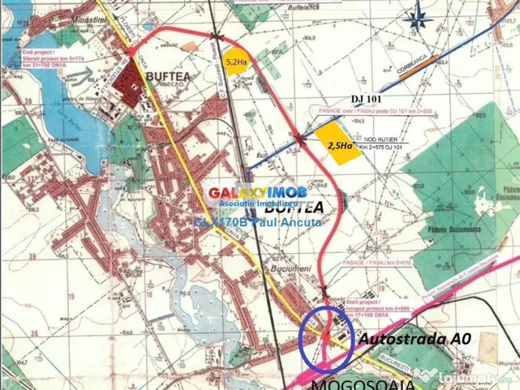 Teren 25000 mp la sosea Buftea Corbeanca utilitati zona Mixt 