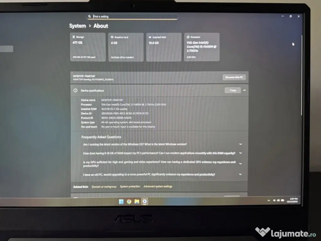 Laptop Gaming ASUS TUF RTX 3050, 16GB RAM 
