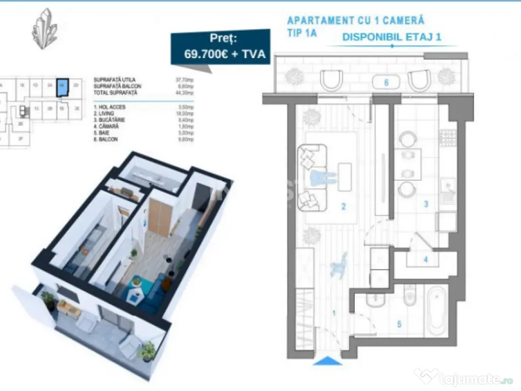 Comision 0% ! Apartament 1 camera, 44 mp, loc de parcare inc