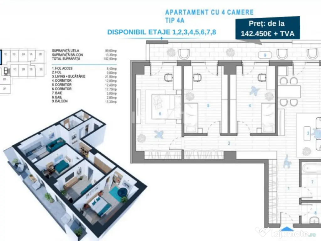 APARTAMENT 4 CAMERE, 103 MP, ETAJ INTERMEDIAR, NICOLINA, COM 