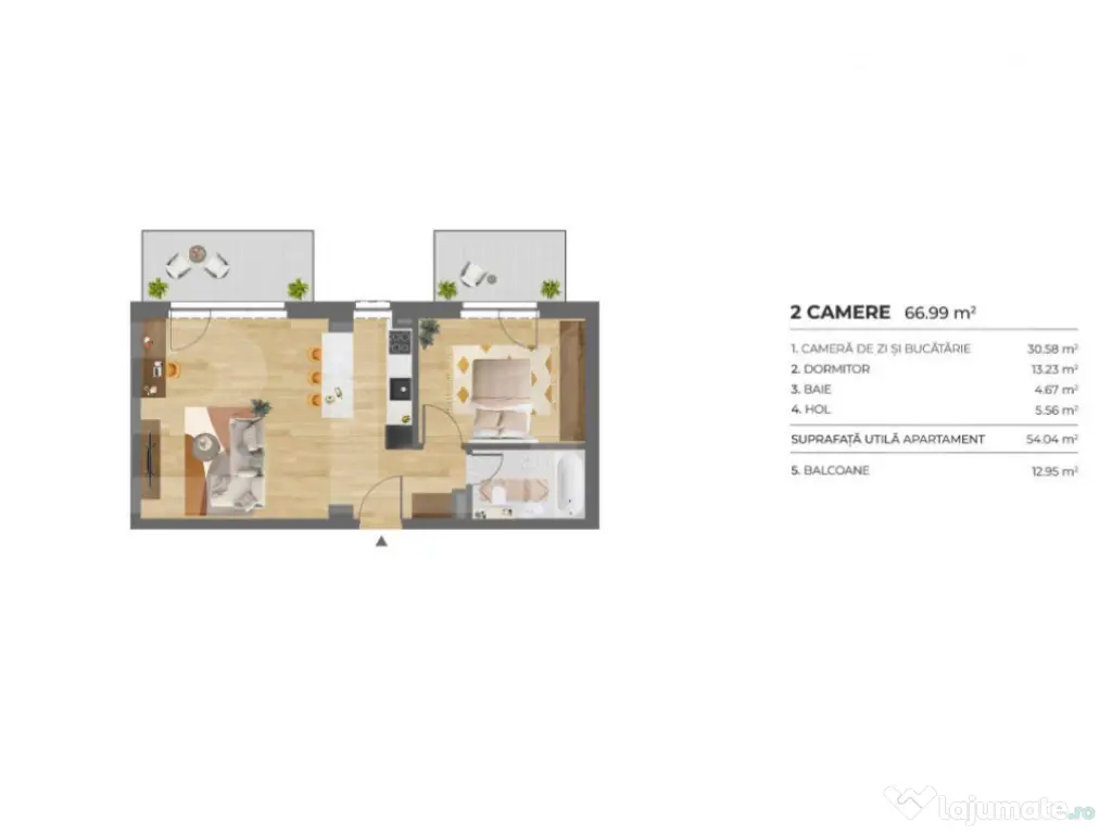Apartament 2 Camere, 54 mp, 2 Balcoane, Imobil nZEB, Dambu R