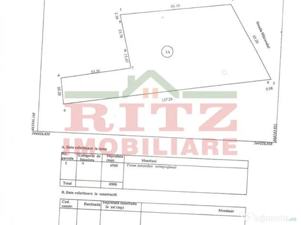 Teren intravilan 6900 mp D=65 ml, pretabil cartier rezidenti 