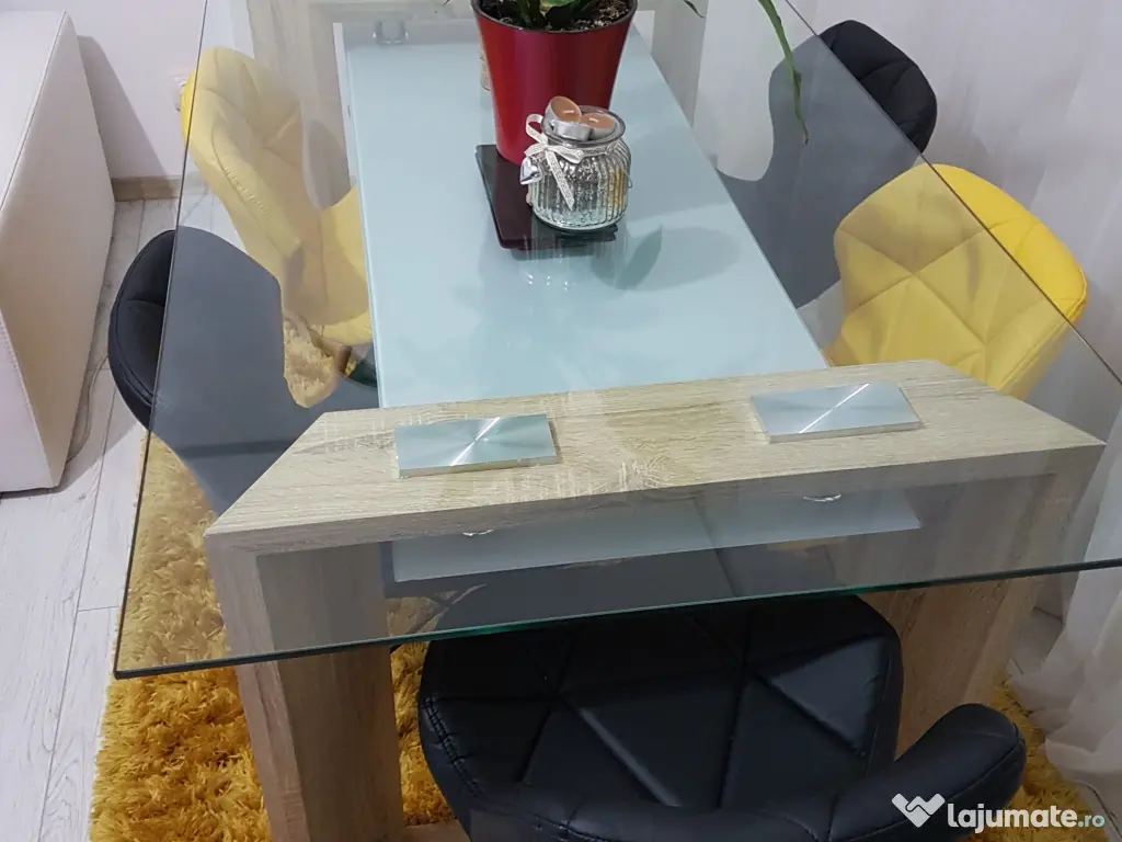 Masa stil minimalist din sticla si lemn 6 persoane 