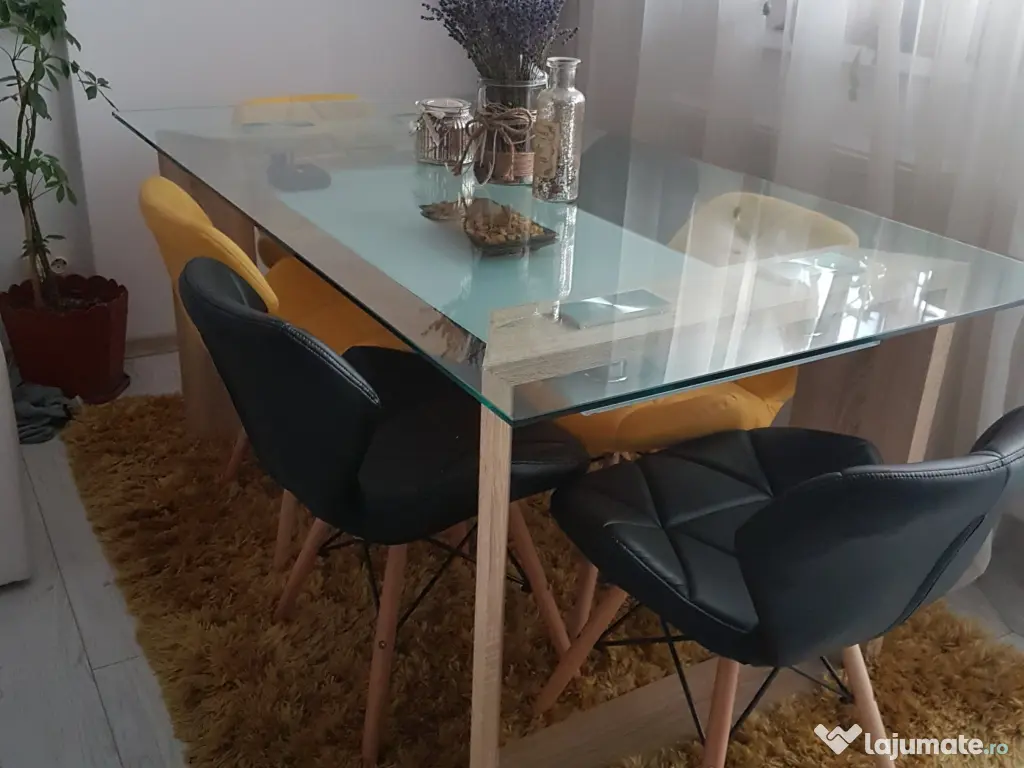Masa stil minimalist din sticla si lemn 6 persoane 