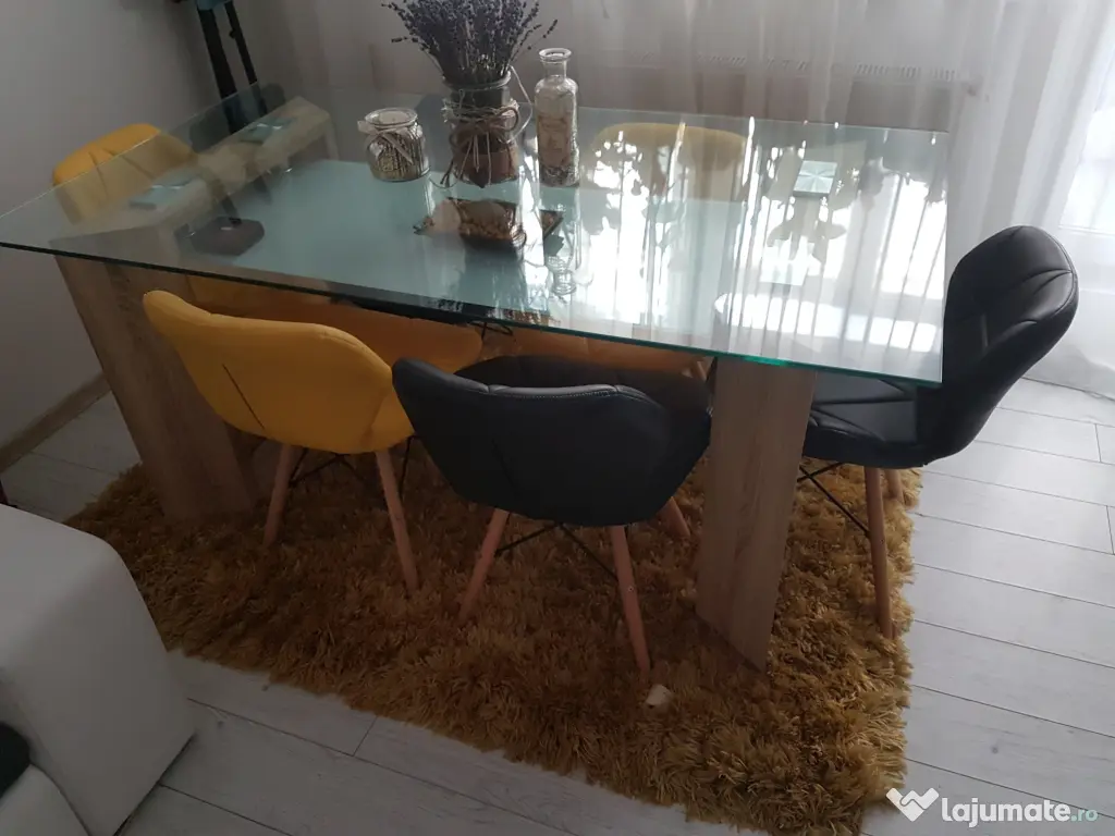 Masa stil minimalist din sticla si lemn 6 persoane 