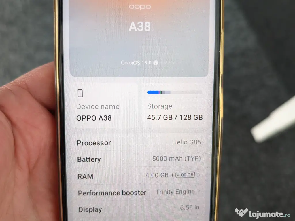 Oppo A38 128GB Impecabil, Cutie, Cablu USB, Folie de rezerva 