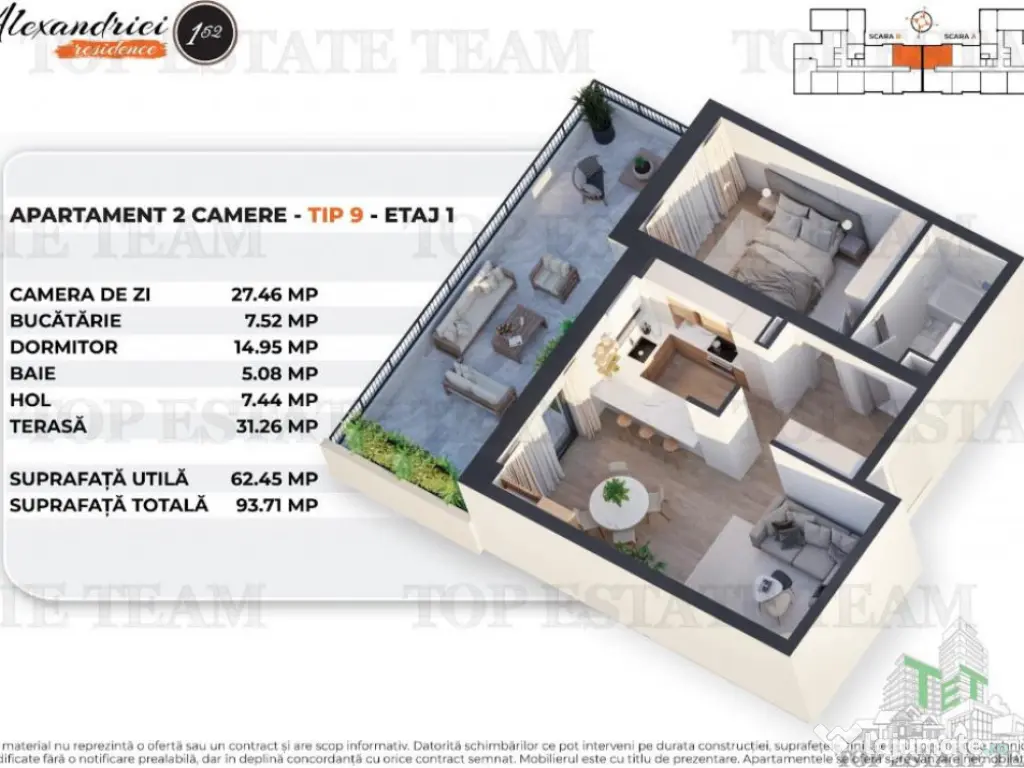 Zona Rahova, Apartament 2 camere, Terasa 31.26mp