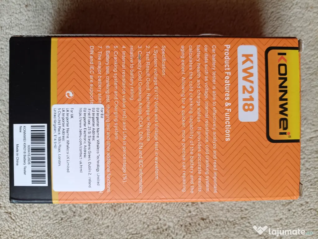 Analizor Baterie Auto KONNWEI KW218 - 6/12V, 100-2000CCA, 2-220Ah - NOU, SIGILAT