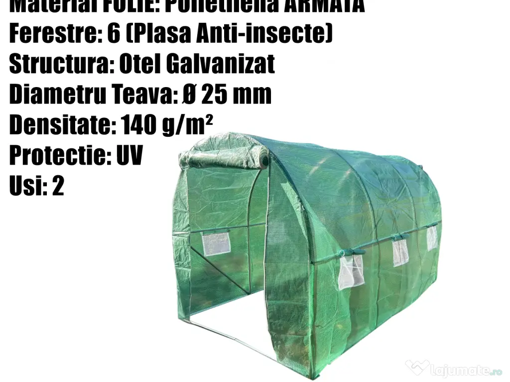 Sera Solar Gradina Tunel Cadru Otel Folie Polietilena Flori Legume Plante 3x2x2m 