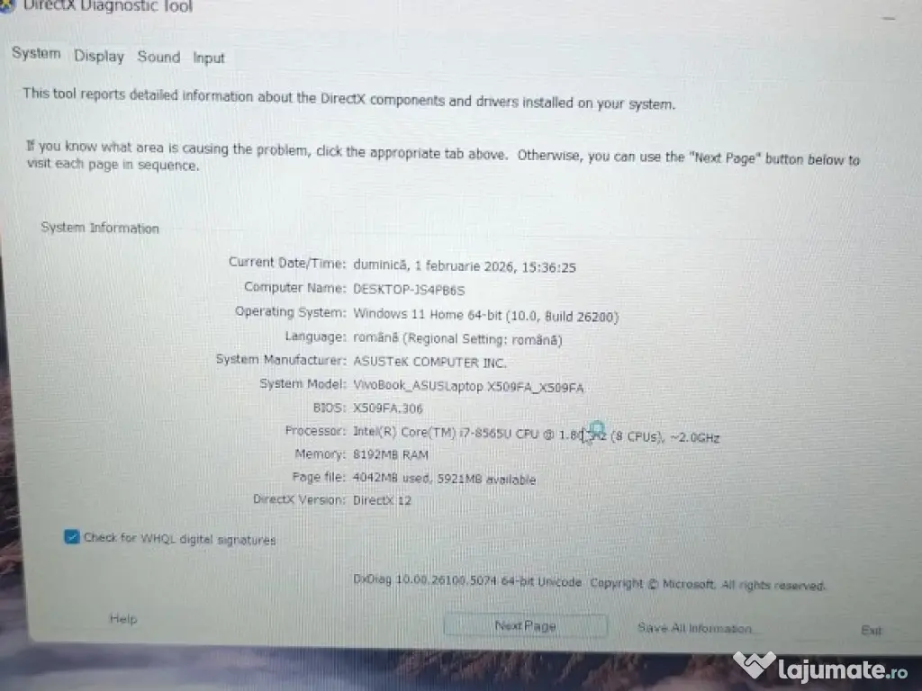 Laptop Asus VivoBook i7-8560U 1.8GHz, Ram 8GB, SSD 250GB 