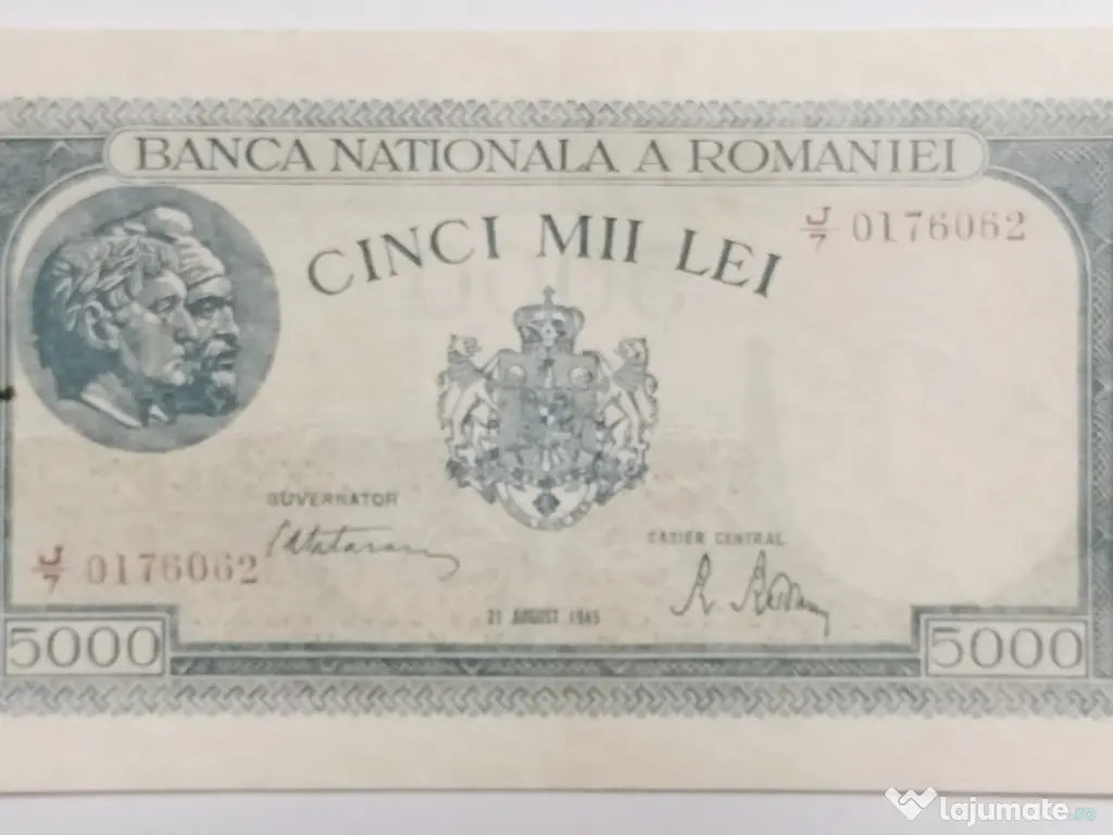 Bancnotă RARĂ 5.000 LEI 1945 - Traian și Decebal - Stare Excelentă 
