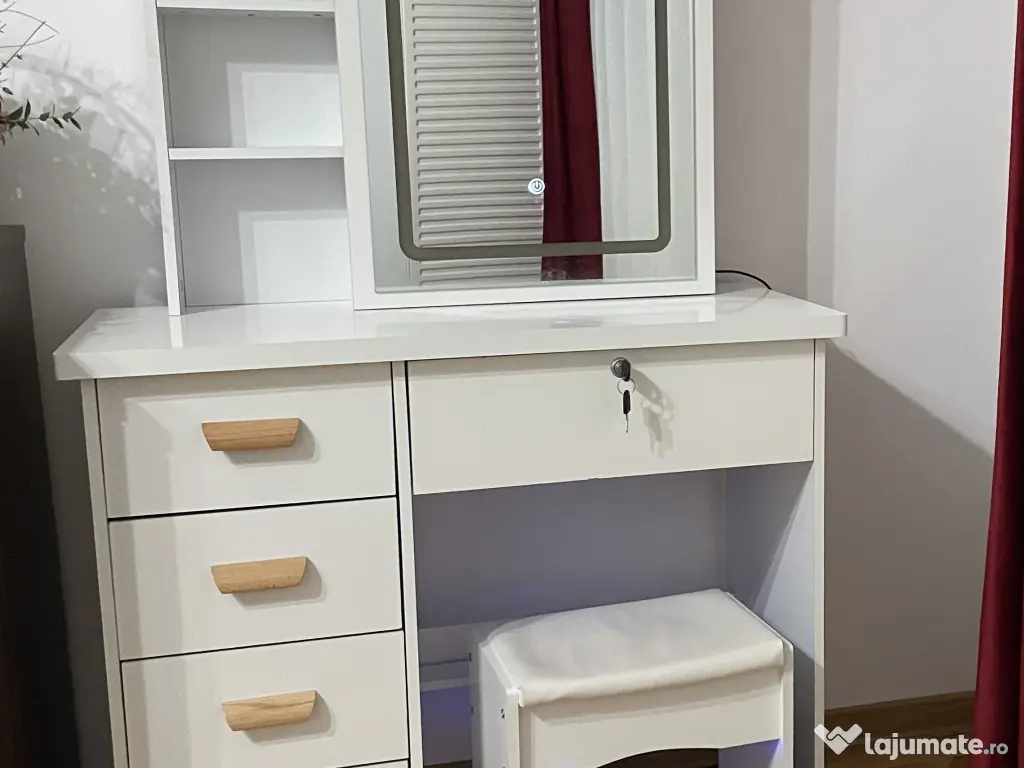 Set Masa Machiaj Alba - Oglindă LED glisantă, 5 sertare, + Scaun