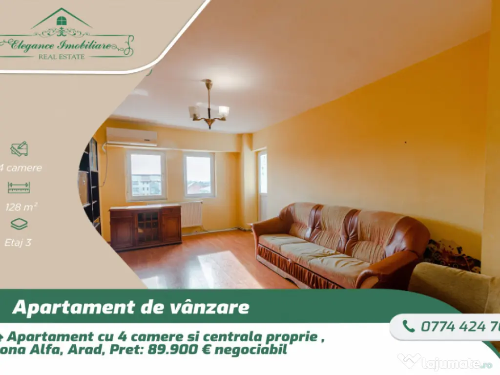 Apartament cu 4 camere și centrală proprie,zona Alfa,Arad