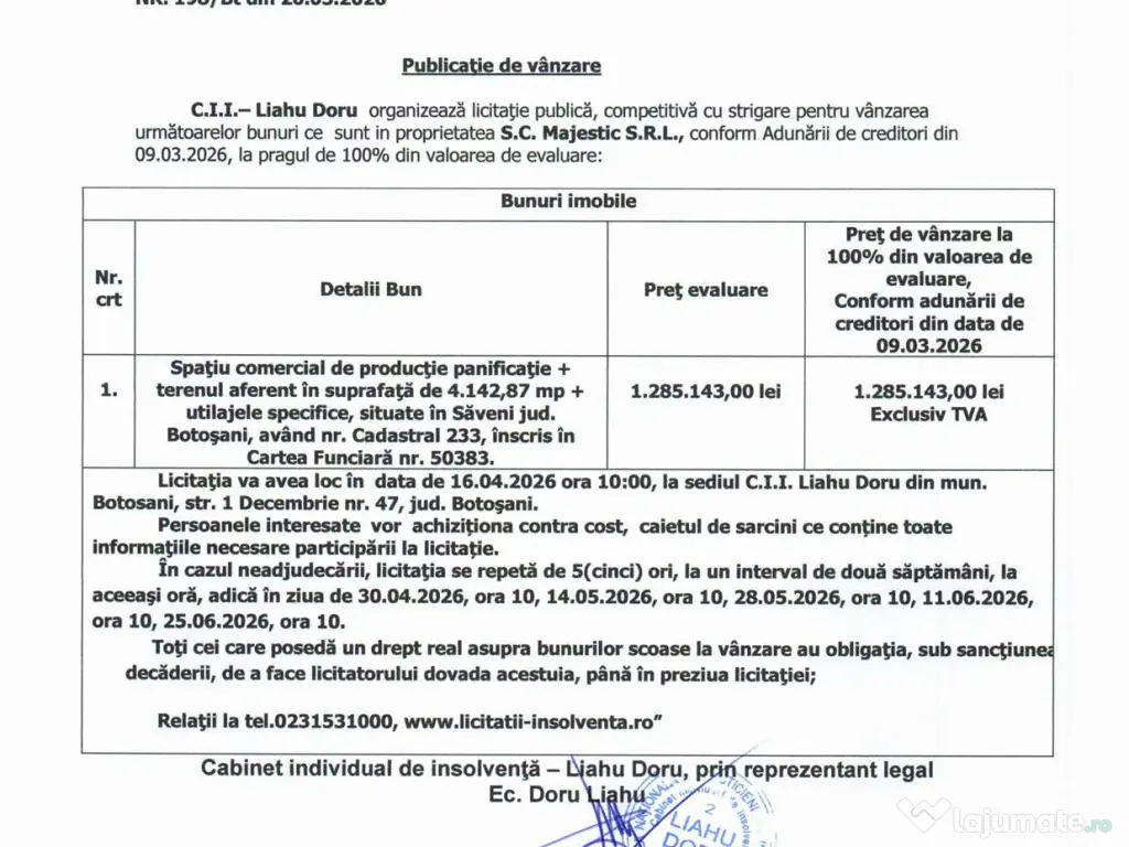 Licitatie spatiu comercial, teren, utilaje majestic srl, in faliment, Saveni 